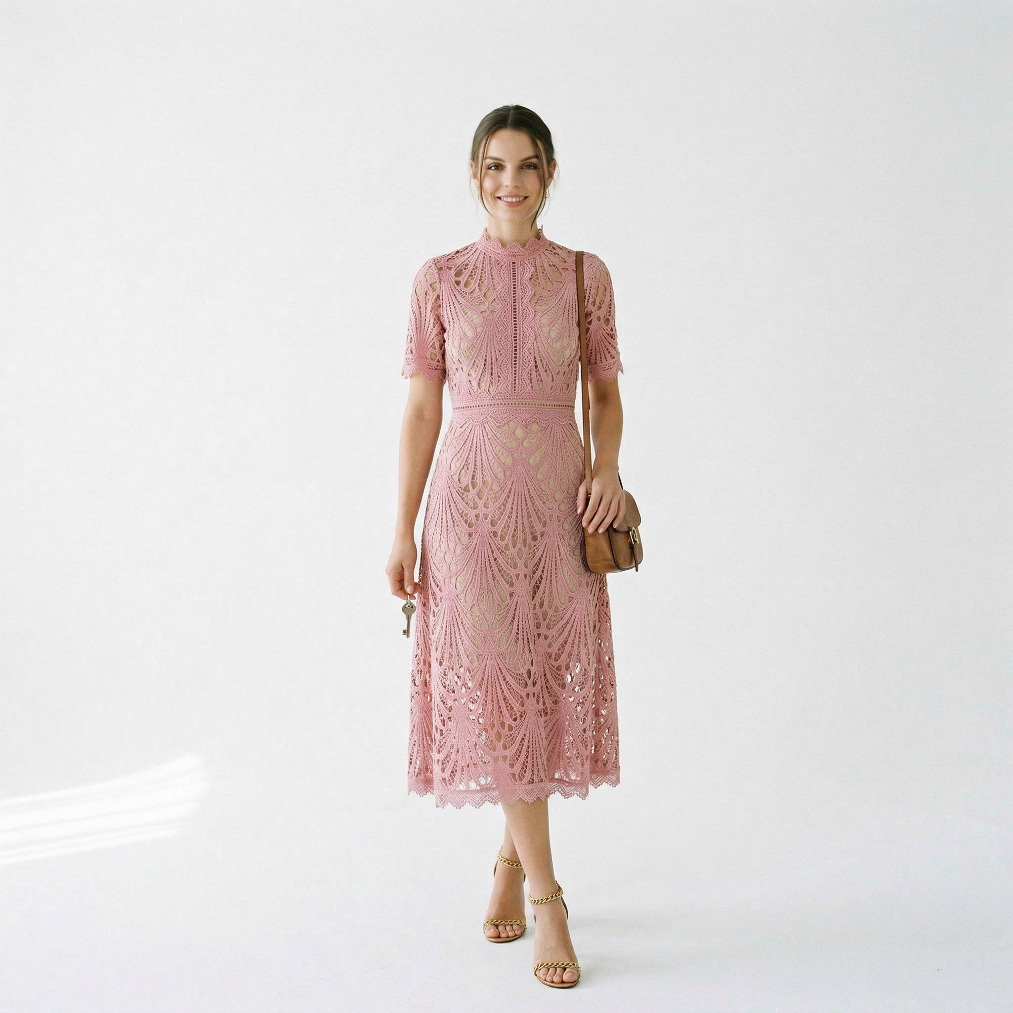 Lace Midi Dress for Wedding Guests with Elegant High Neckline and Flared Skirt