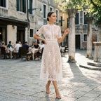 Lace Midi Dress for Wedding Guests with Elegant High Neckline and Flared Skirt