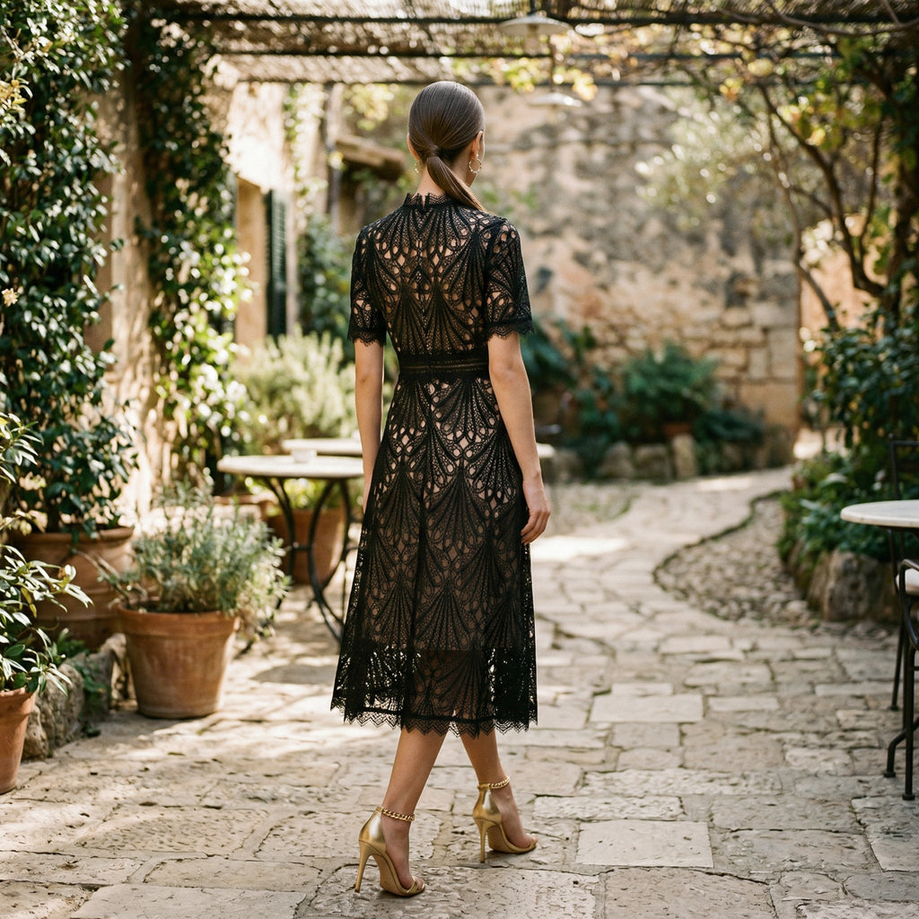 Lace Midi Dress for Wedding Guests with Elegant High Neckline and Flared Skirt
