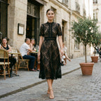 Lace Midi Dress for Wedding Guests with Elegant High Neckline and Flared Skirt
