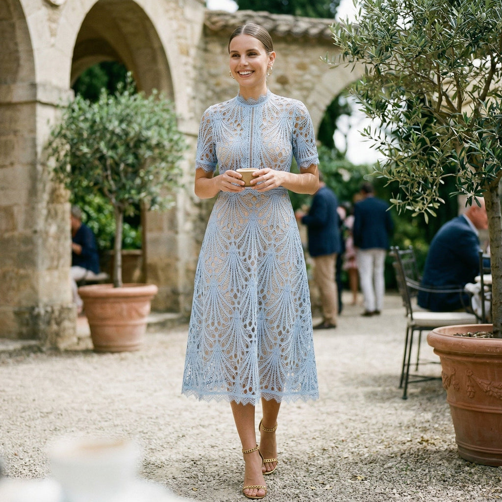 Lace Midi Dress for Wedding Guests with Elegant High Neckline and Flared Skirt