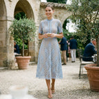 Lace Midi Dress for Wedding Guests with Elegant High Neckline and Flared Skirt