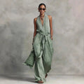 Women’s Linen Backless Jumpsuit – Lace-Up Summer Romper, Loose Fit Breathable Casual Chic Vacation Outfit