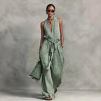 Women’s Linen Backless Jumpsuit – Lace-Up Summer Romper, Loose Fit Breathable Casual Chic Vacation Outfit