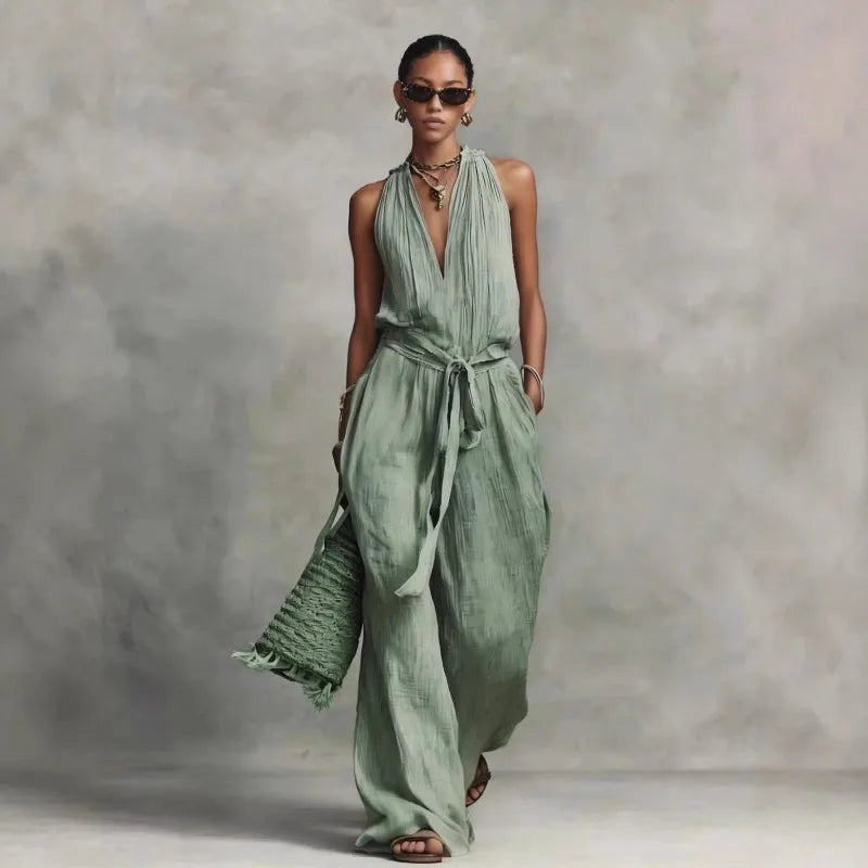 Women’s Linen Backless Jumpsuit – Lace-Up Summer Romper, Loose Fit Breathable Casual Chic Vacation Outfit