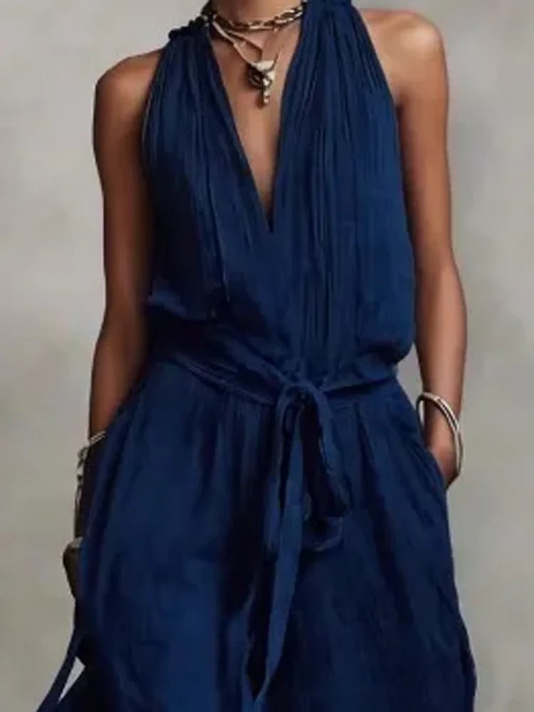Women’s Linen Backless Jumpsuit – Lace-Up Summer Romper, Loose Fit Breathable Casual Chic Vacation Outfit