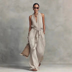 Women’s Linen Backless Lace-Up Jumpsuit – Loose Fit Summer Romper