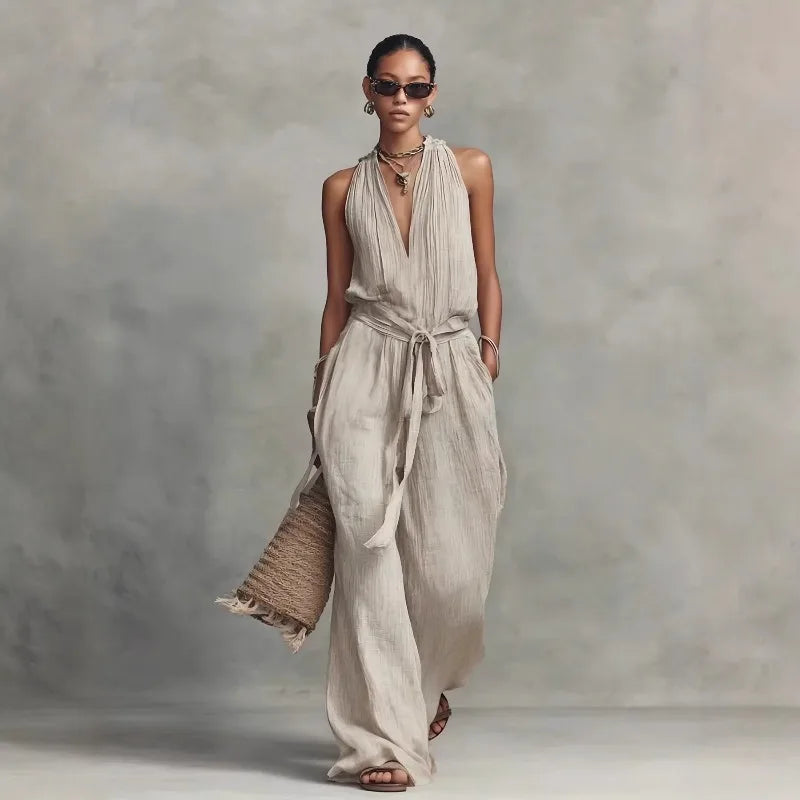 Women’s Linen Backless Lace-Up Jumpsuit – Loose Fit Summer Romper