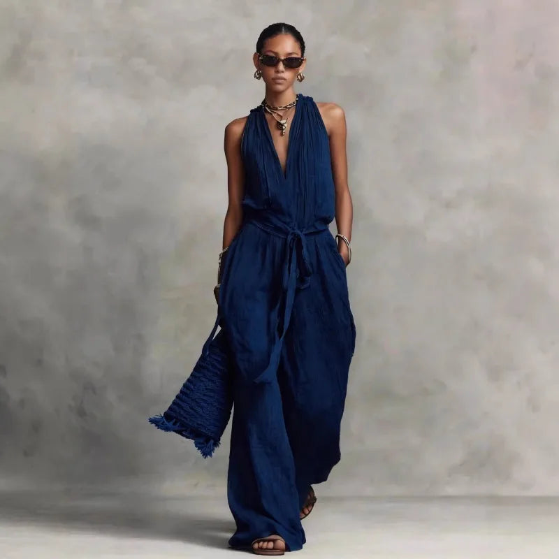 Women’s Linen Backless Lace-Up Jumpsuit – Loose Fit Summer Romper