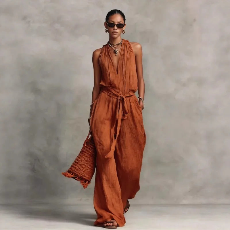 Women’s Linen Backless Lace-Up Jumpsuit – Loose Fit Summer Romper