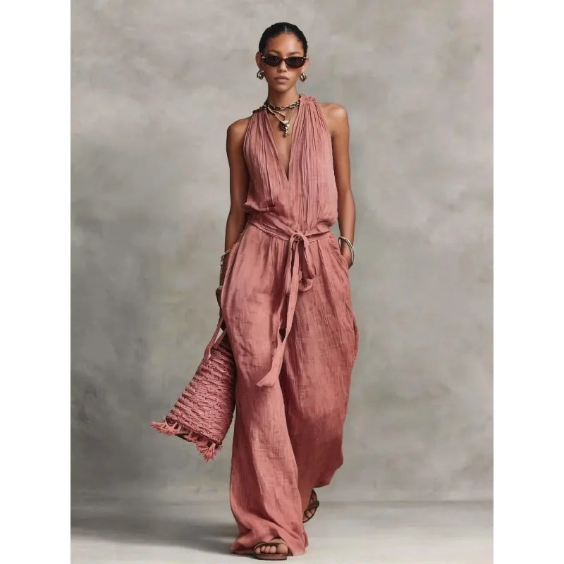 Women’s Linen Backless Lace-Up Jumpsuit – Loose Fit Summer Romper