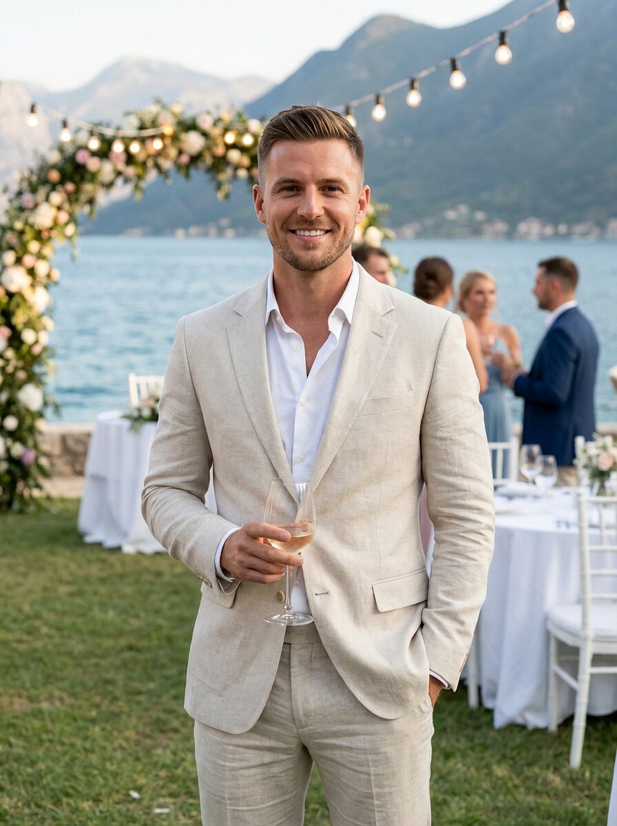 Elegant Linen Suit Set | Men's Suit with Notch Lapels & Double Vent | Perfect for Summer Weddings