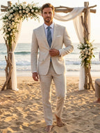 Elegant Linen Suit Set | Men's Suit with Notch Lapels & Double Vent | Perfect for Summer Weddings