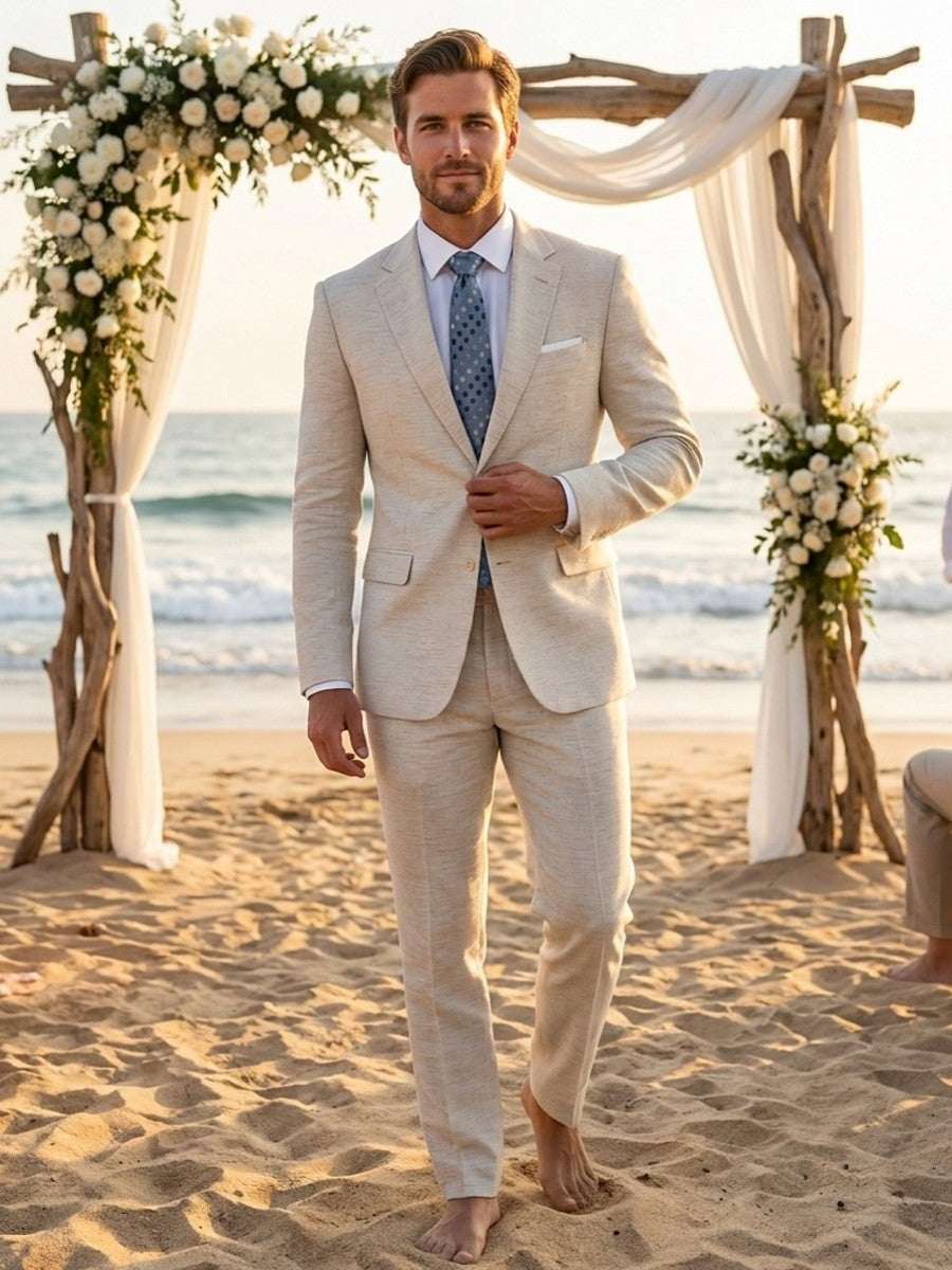 Elegant Linen Suit Set | Men's Suit with Notch Lapels & Double Vent | Perfect for Summer Weddings