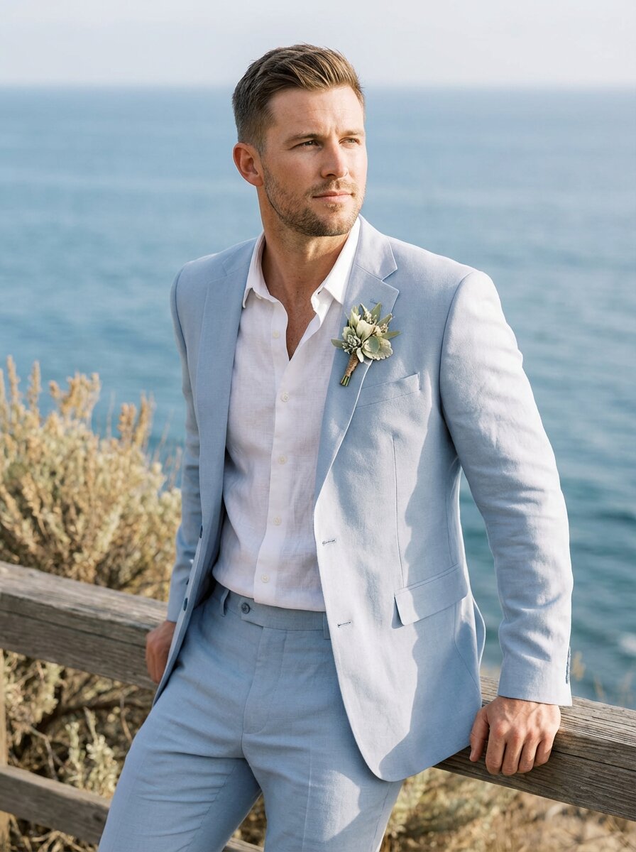 Elegant Linen Suit Set | Men's Suit with Notch Lapels & Double Vent | Perfect for Summer Weddings