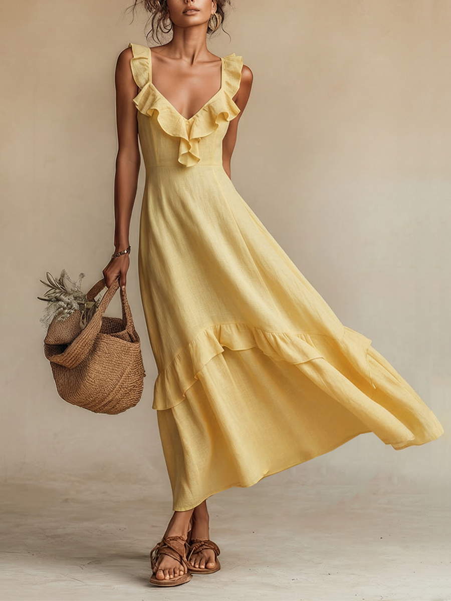 Elegant Linen | Women's Maxi Dress with Ruffle V-Neck & Hem | Breezy Summer Style for Resort Wear