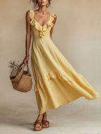 Elegant Linen | Women's Maxi Dress with Ruffle V-Neck & Hem | Breezy Summer Style for Resort Wear