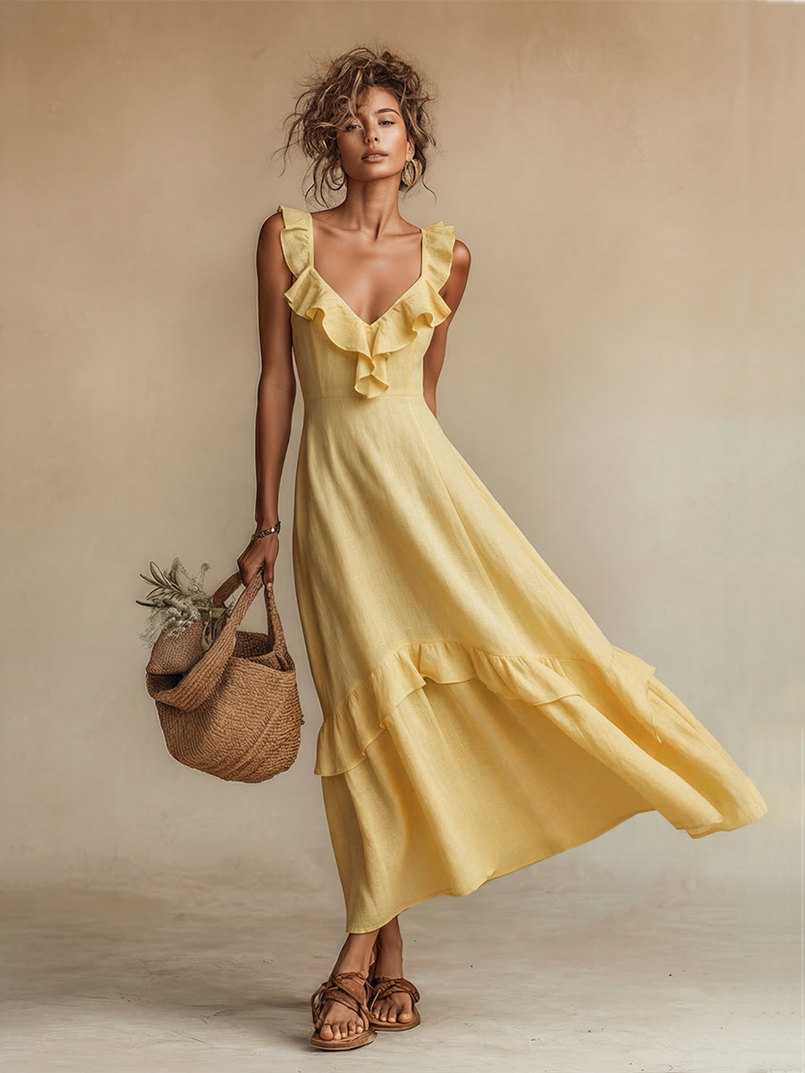 Elegant Linen | Women's Maxi Dress with Ruffle V-Neck & Hem | Breezy Summer Style for Resort Wear