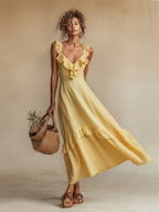 Elegant Linen | Women's Maxi Dress with Ruffle V-Neck & Hem | Breezy Summer Style for Resort Wear