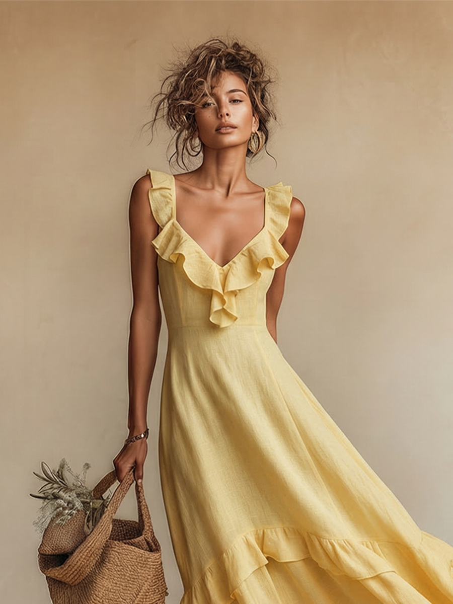 Elegant Linen | Women's Maxi Dress with Ruffle V-Neck & Hem | Breezy Summer Style for Resort Wear