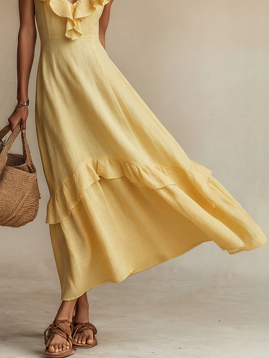 Elegant Linen | Women's Maxi Dress with Ruffle V-Neck & Hem | Breezy Summer Style for Resort Wear