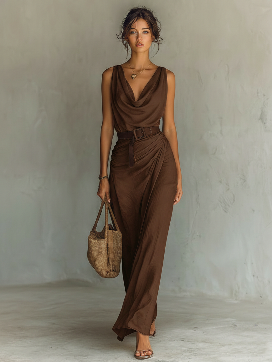Elegant Maxi Dress | Cowl Neck Design with Belt for Flattering Silhouette | Long Dresses for Women