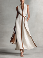 Elegant Maxi Dress | Women's Sleeveless V-Neck with Detachable Belt | Stylish Cotton-Linen Blend for Versatile Summer Wear