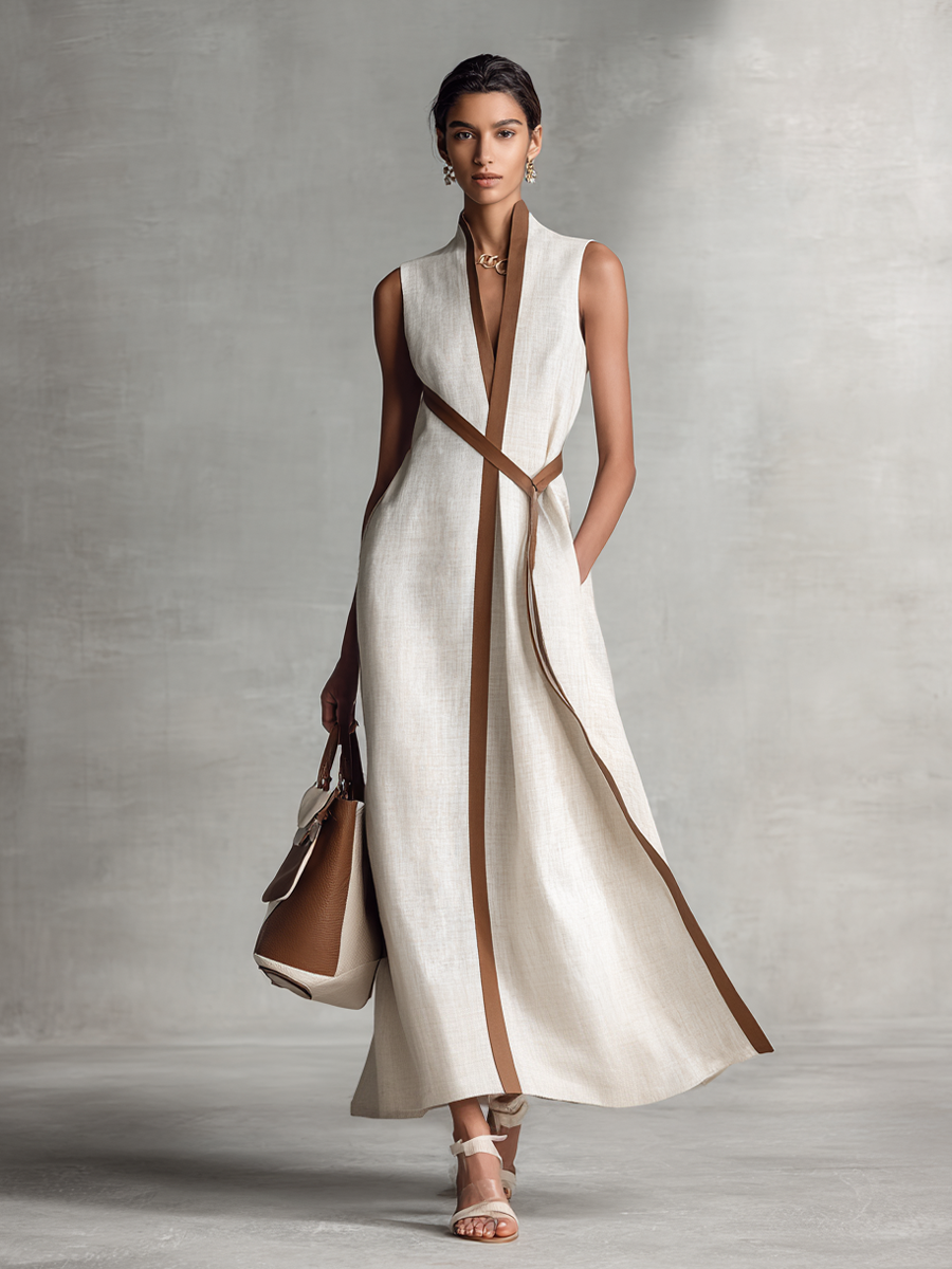 Elegant Maxi Dress | Women's Sleeveless V-Neck with Detachable Belt | Stylish Cotton-Linen Blend for Versatile Summer Wear