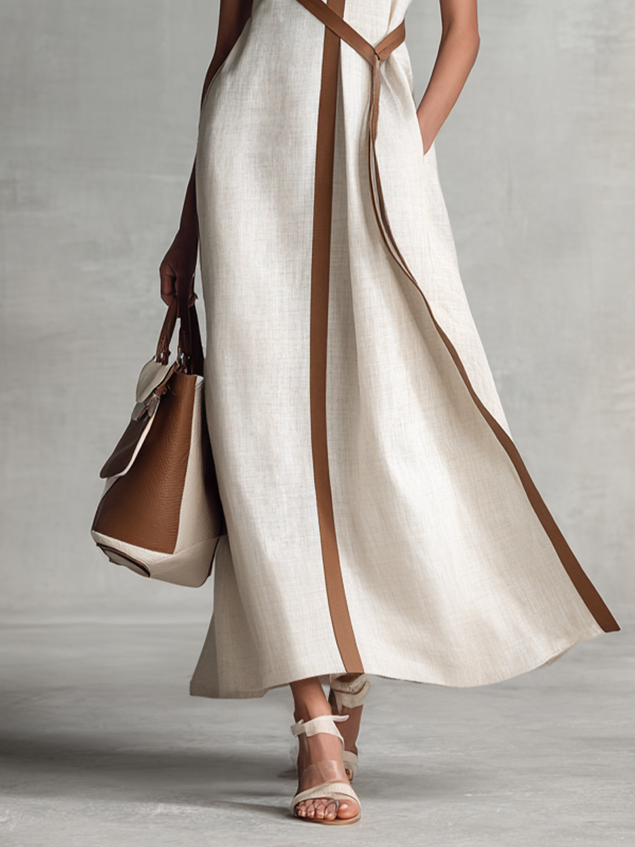 Elegant Maxi Dress | Women's Sleeveless V-Neck with Detachable Belt | Stylish Cotton-Linen Blend for Versatile Summer Wear