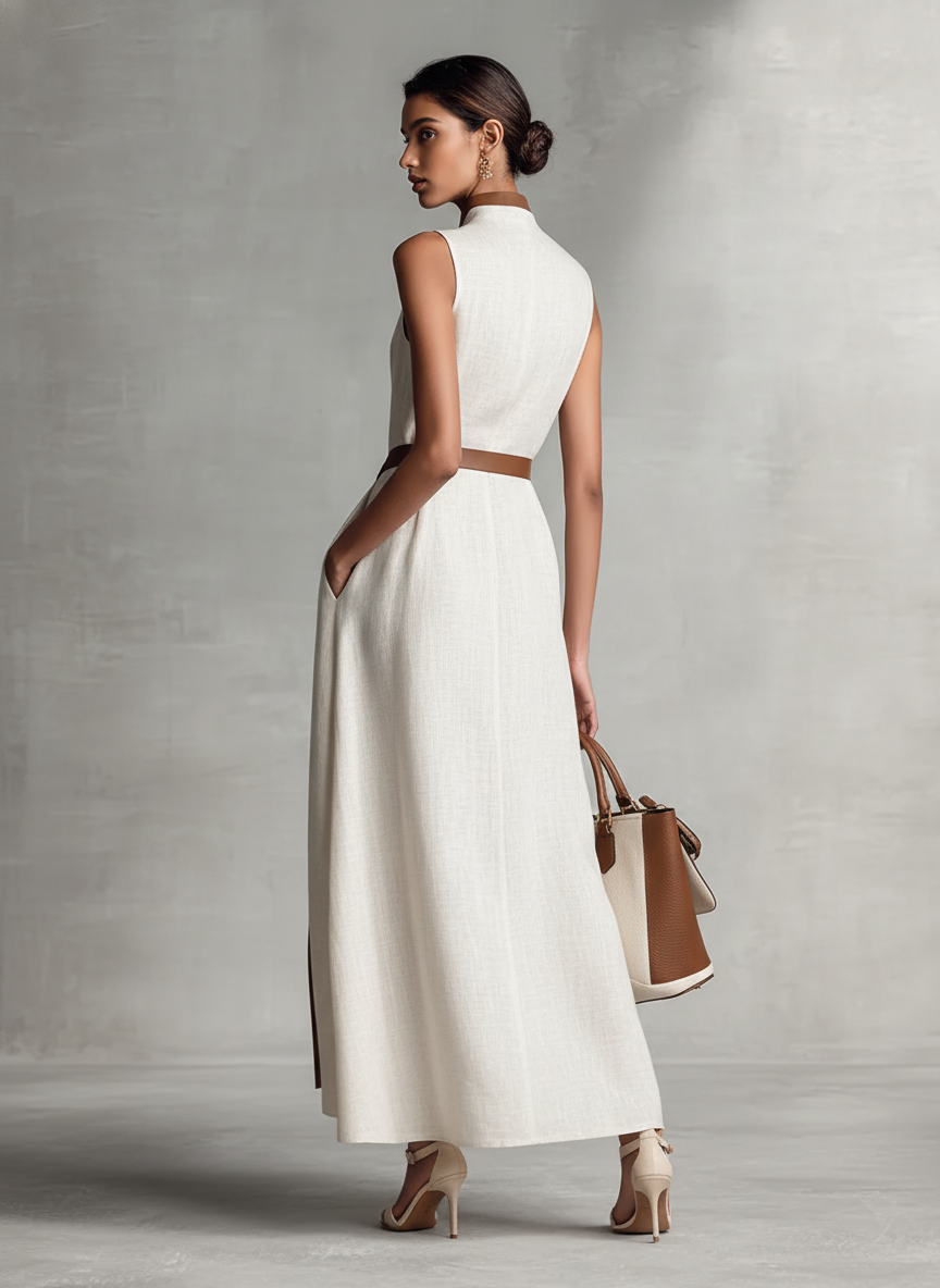 Elegant Maxi Dress | Women's Sleeveless V-Neck with Detachable Belt | Stylish Cotton-Linen Blend for Versatile Summer Wear