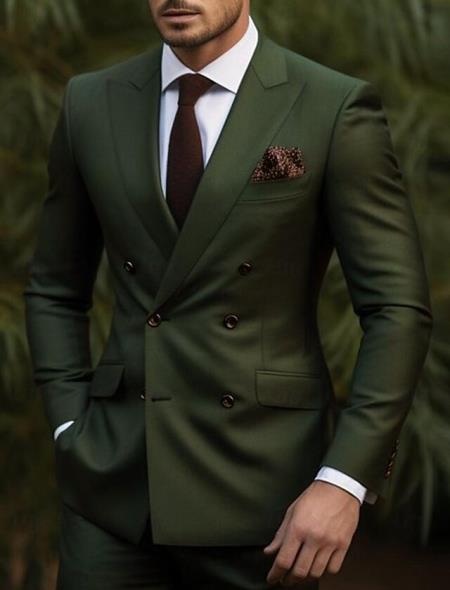 Dark green double breasted men's suit full front view with peaked lapels