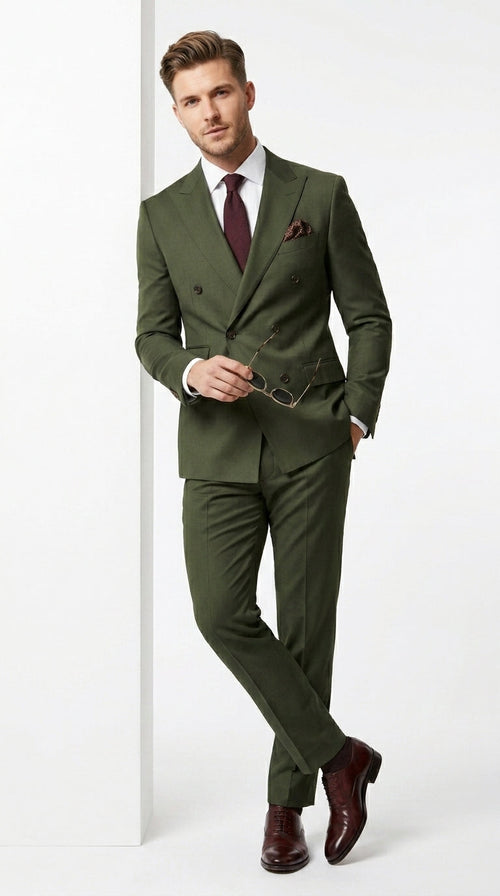 Dark green suit jacket detail showing double breasted button closure