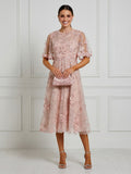 Elegant Midi Tulle Cocktail Dress with Short Sleeves for Weddings