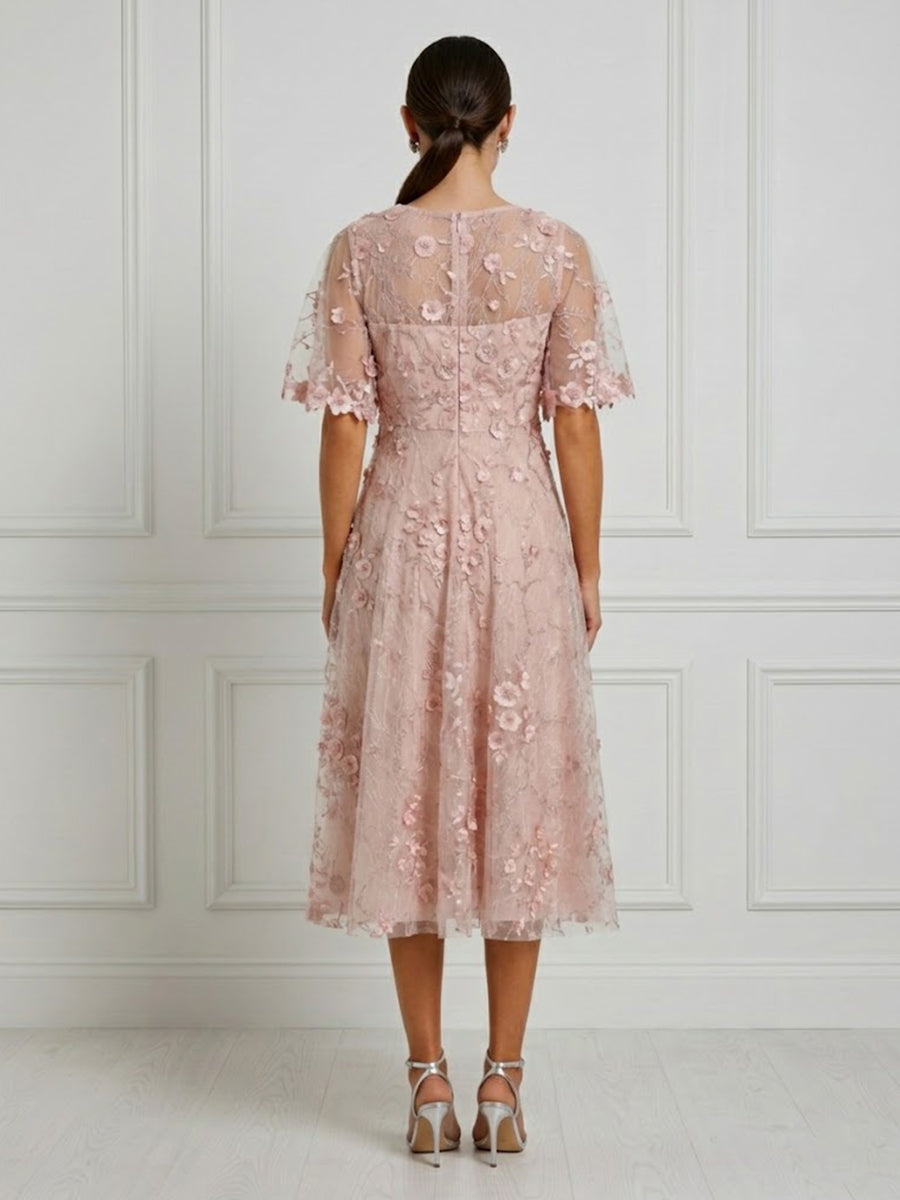 Elegant Midi Tulle Cocktail Dress with Short Sleeves for Weddings