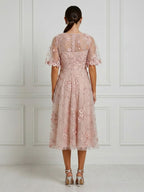 Elegant Midi Tulle Cocktail Dress with Short Sleeves for Weddings