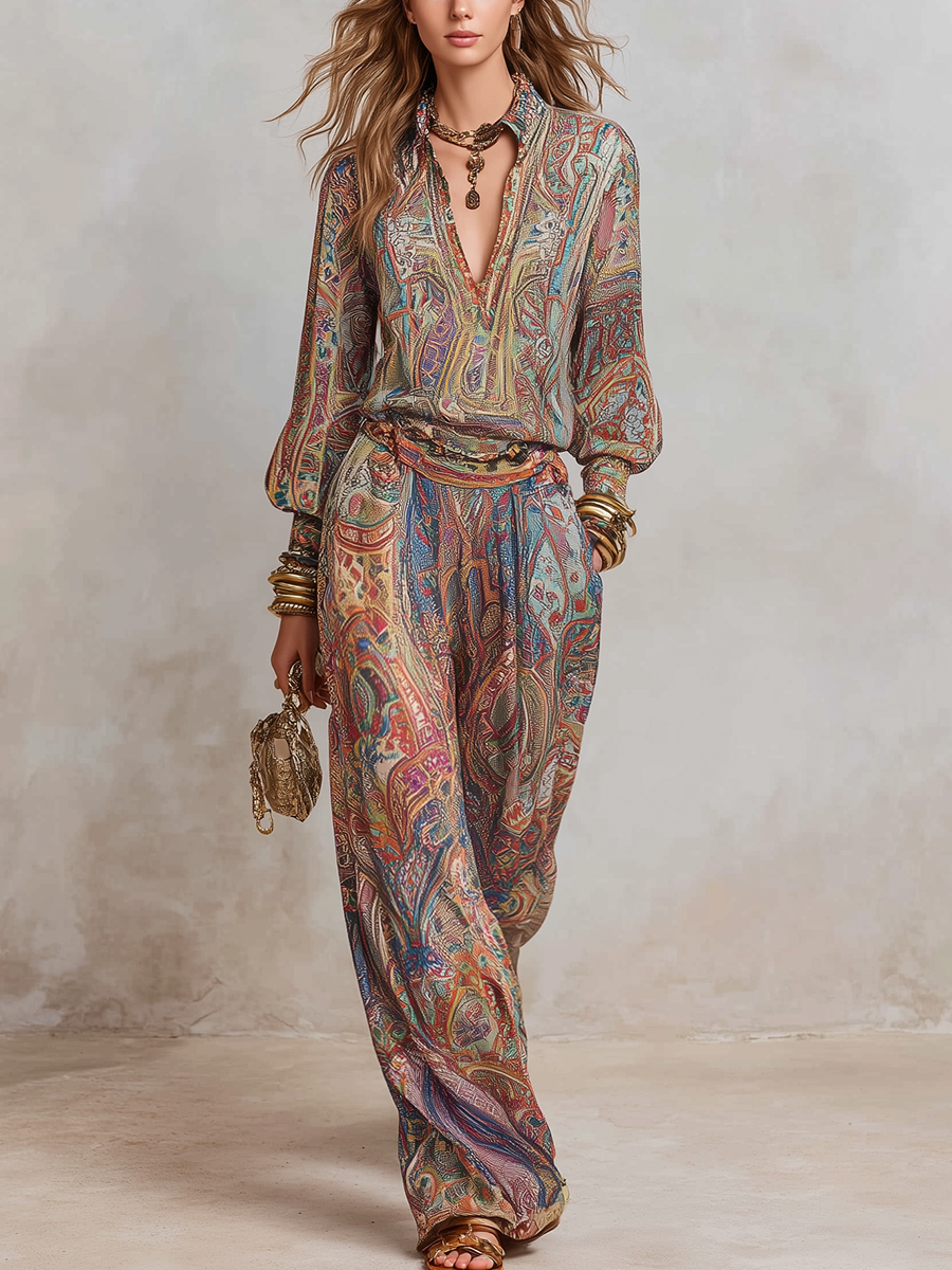Elegant Paisley Print Pantsuit with Relaxed Wide-Leg Fit | Versatile Outfit for Any Occasion
