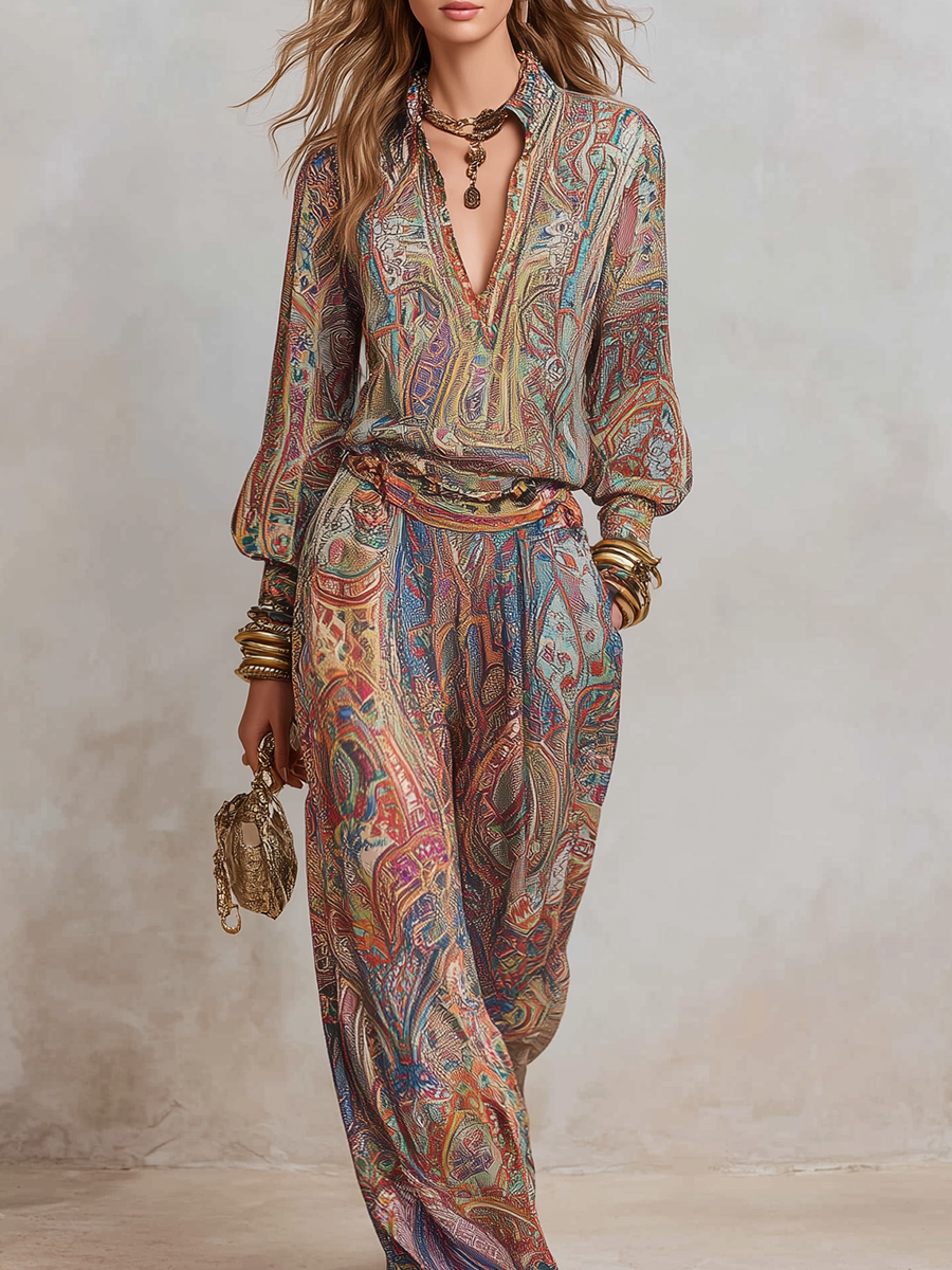 Elegant Paisley Print Pantsuit with Relaxed Wide-Leg Fit | Versatile Outfit for Any Occasion