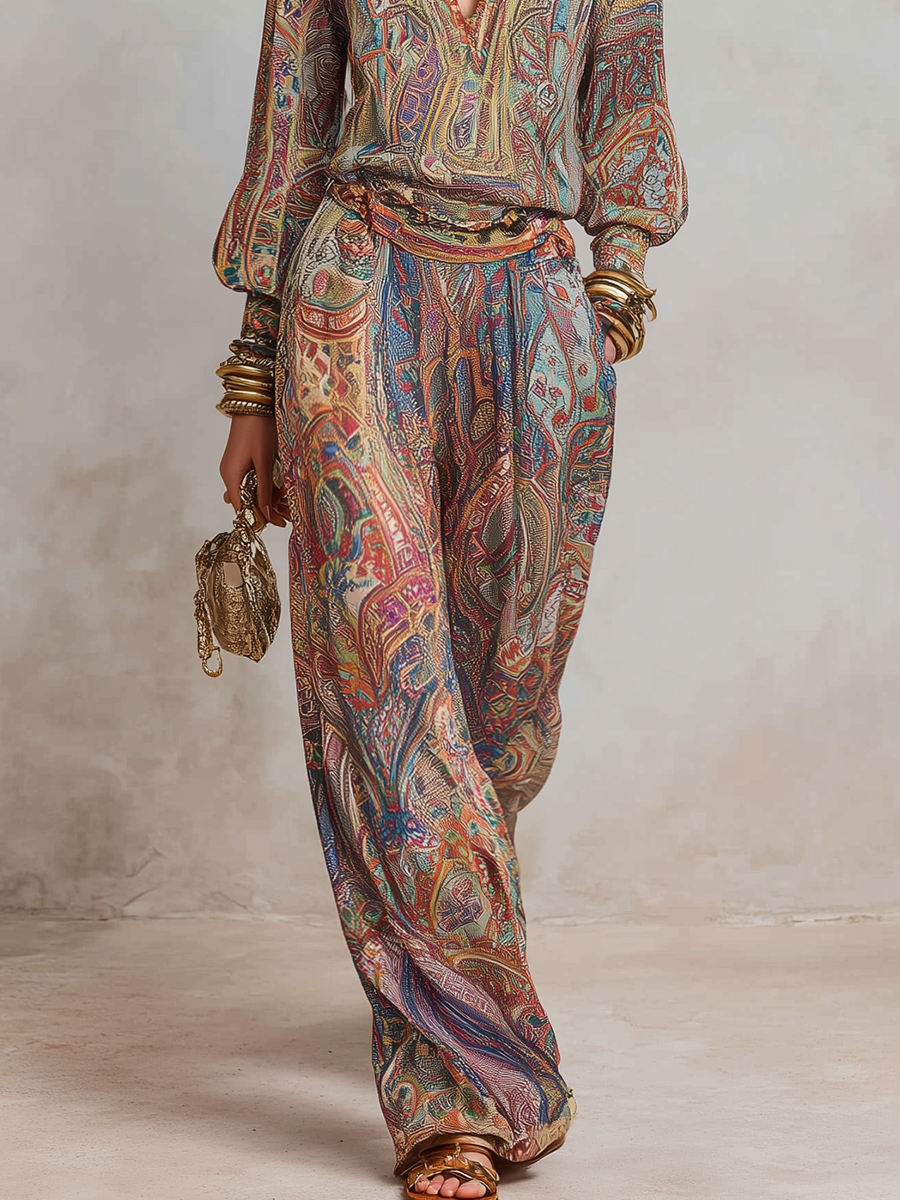 Elegant Paisley Print Pantsuit with Relaxed Wide-Leg Fit | Versatile Outfit for Any Occasion