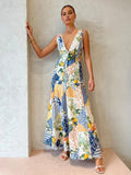 Women’s Patchwork V-Neck Maxi Dress – Boho Flowy Long Dress with Vibrant Print
