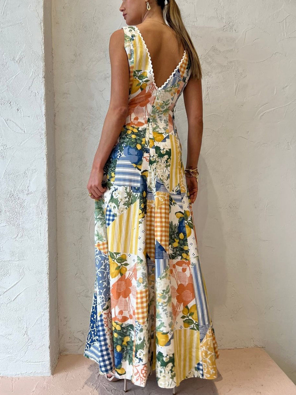 Women’s Patchwork V-Neck Maxi Dress – Boho Flowy Long Dress with Vibrant Print