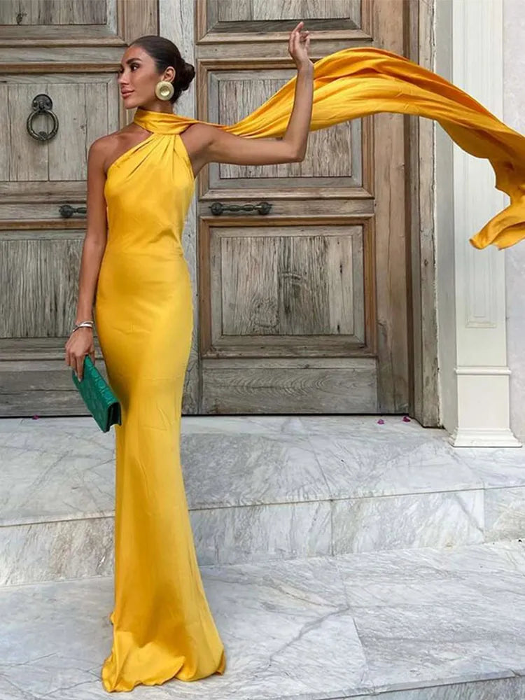 Women's Yellow Satin Halter Neck Draped Cape Bodycon Maxi Dress – Elegant Formal Evening Gown Wedding Guest Red Carpet Dress