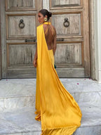 Women's Yellow Satin Halter Neck Draped Cape Bodycon Maxi Dress – Elegant Formal Evening Gown Wedding Guest Red Carpet Dress