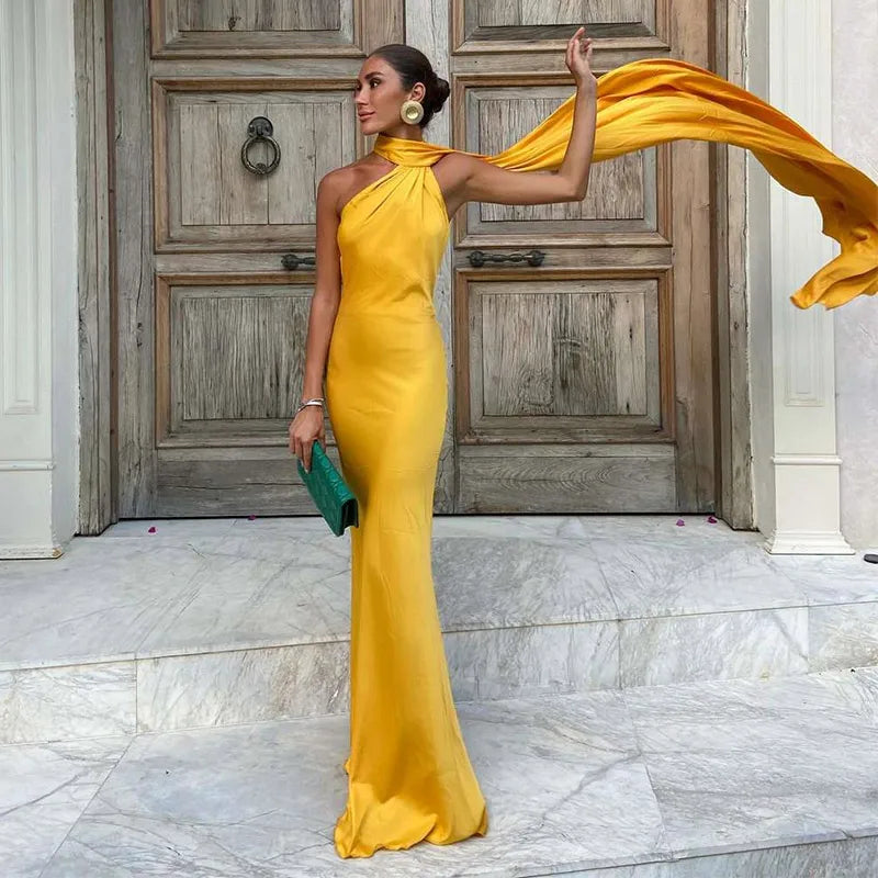Women's Yellow Satin Halter Neck Draped Cape Bodycon Maxi Dress – Elegant Formal Evening Gown Wedding Guest Red Carpet Dress