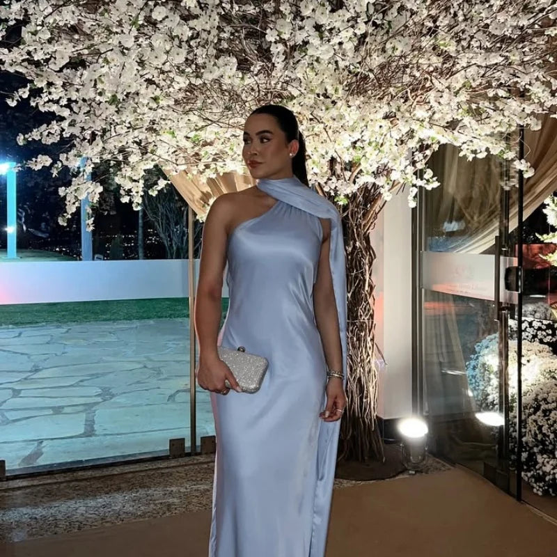 Women's Yellow Satin Halter Neck Draped Cape Bodycon Maxi Dress – Elegant Formal Evening Gown Wedding Guest Red Carpet Dress