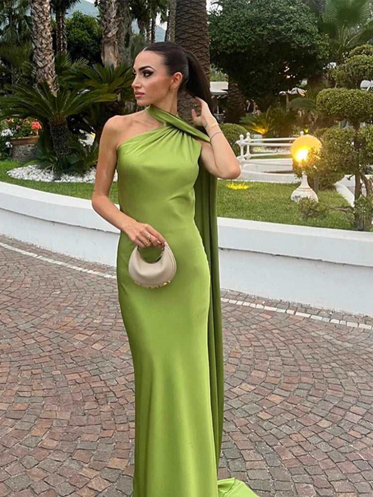 Women's Yellow Satin Halter Neck Draped Cape Bodycon Maxi Dress – Elegant Formal Evening Gown Wedding Guest Red Carpet Dress