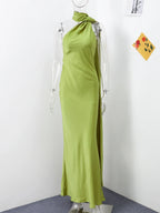 Women's Yellow Satin Halter Neck Draped Cape Bodycon Maxi Dress – Elegant Formal Evening Gown Wedding Guest Red Carpet Dress
