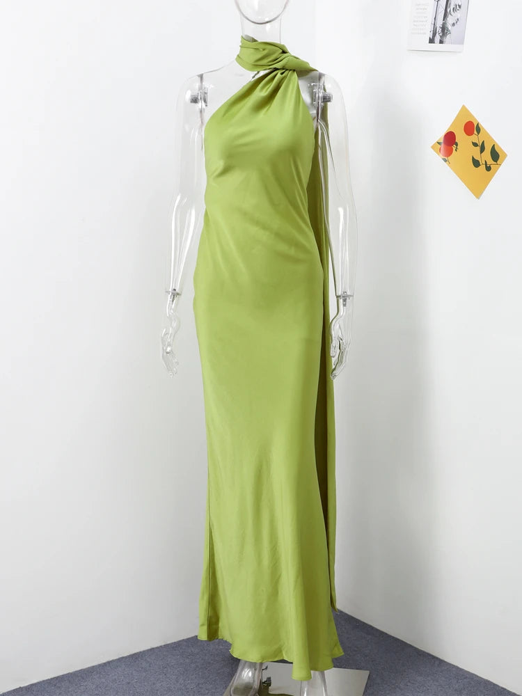 Women's Yellow Satin Halter Neck Draped Cape Bodycon Maxi Dress – Elegant Formal Evening Gown Wedding Guest Red Carpet Dress