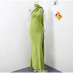 Women's Yellow Satin Halter Neck Draped Cape Bodycon Maxi Dress – Elegant Formal Evening Gown Wedding Guest Red Carpet Dress