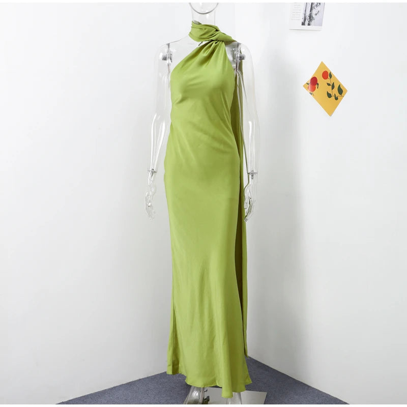 Women's Yellow Satin Halter Neck Draped Cape Bodycon Maxi Dress – Elegant Formal Evening Gown Wedding Guest Red Carpet Dress
