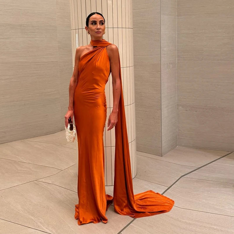 Women's Yellow Satin Halter Neck Draped Cape Bodycon Maxi Dress – Elegant Formal Evening Gown Wedding Guest Red Carpet Dress